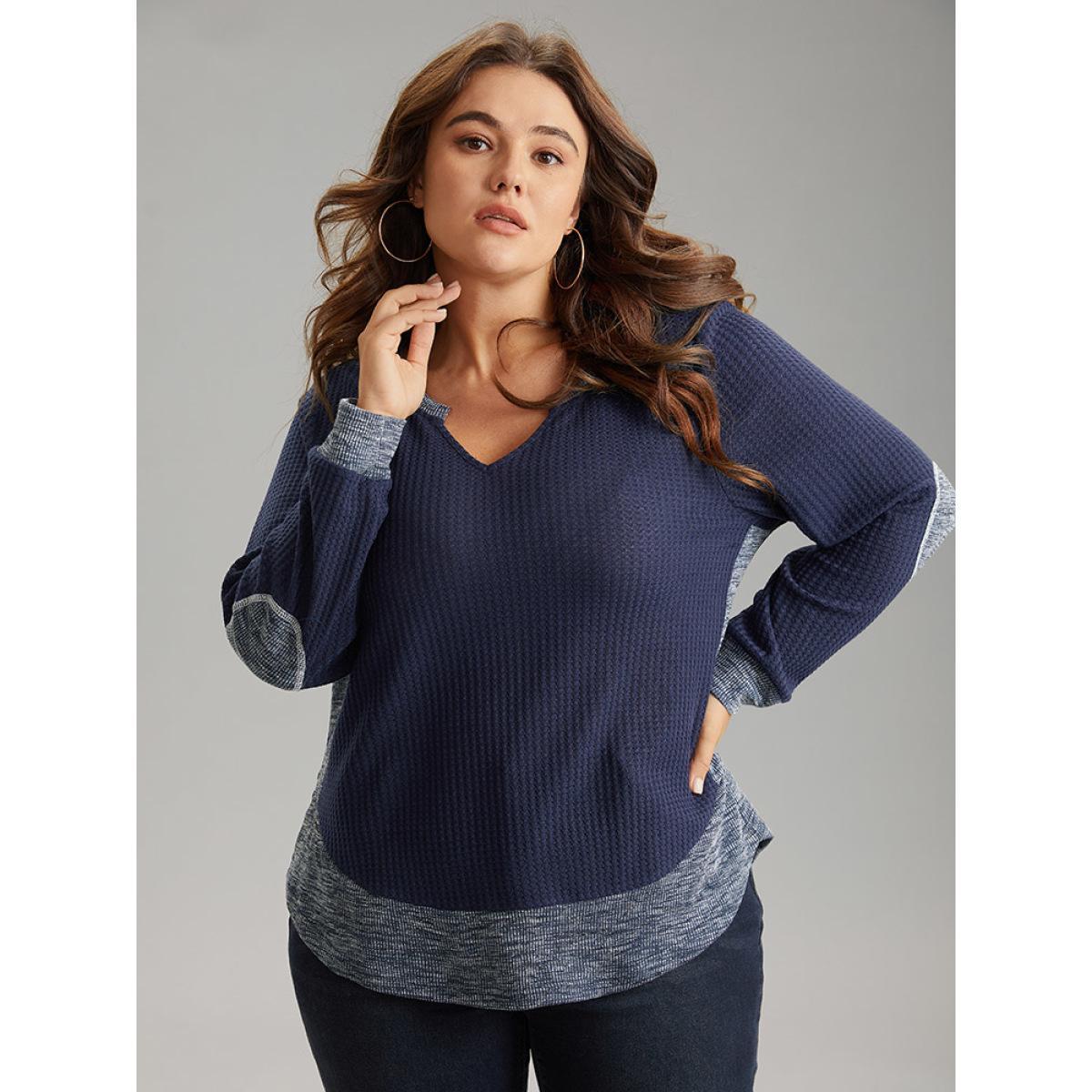 Plus Size Waffle Knit Two Tone Notched Patchwork T-shirt Navy Women Casual Waffle Knit Plain Notched collar Dailywear T-shirts BloomChic 26/4X Product Image