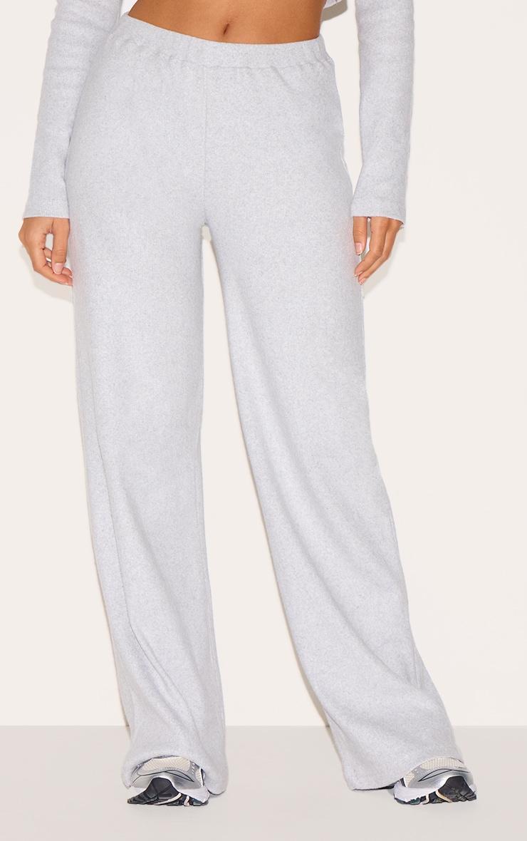 Ash Grey Brushed Rib Wide Leg Pants Product Image