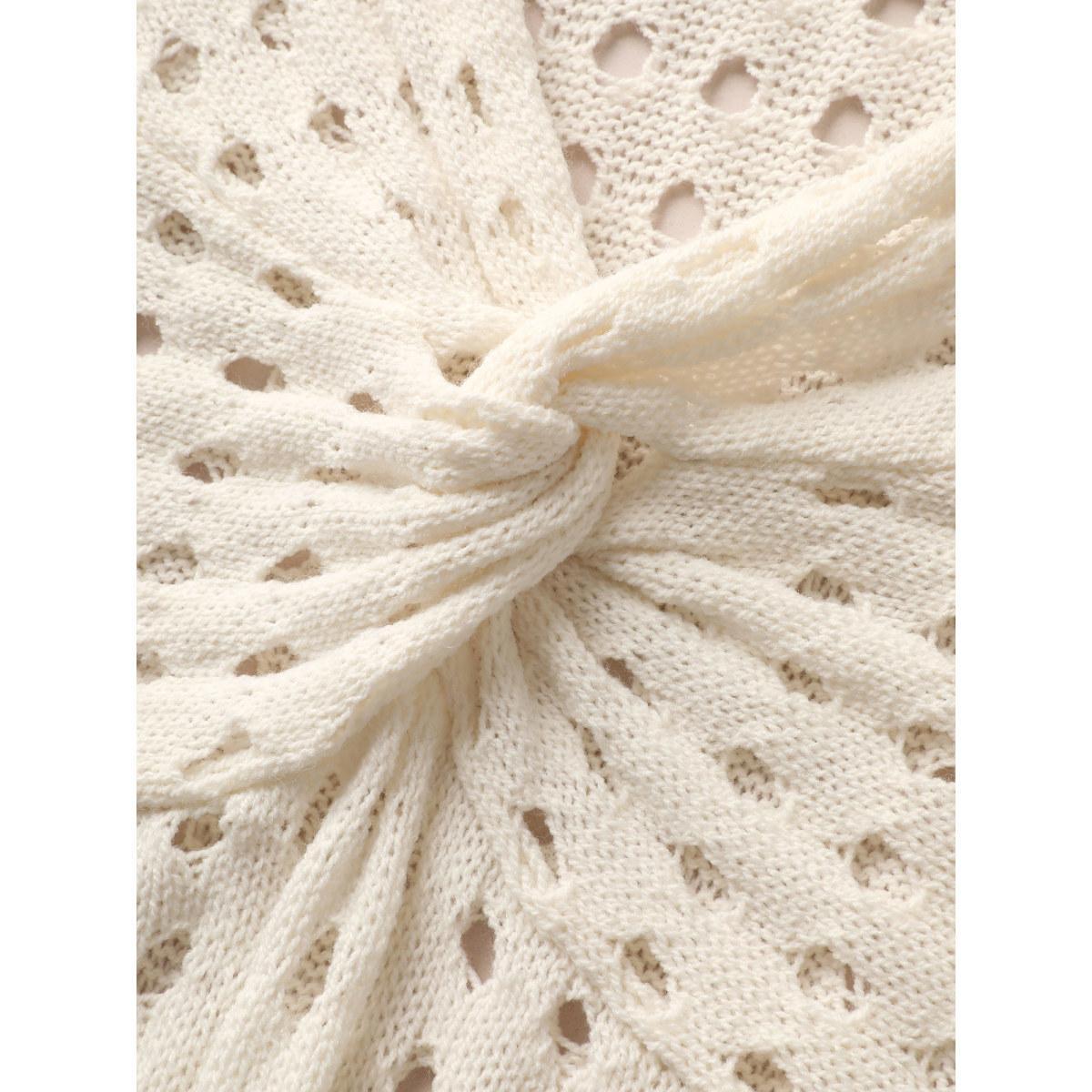 Plus Size Twist Front Pointelle Knit Split Hem Pullover Ivory Women Casual Long Sleeve Deep V-neck Everyday Pullovers BloomChic 12/L Product Image