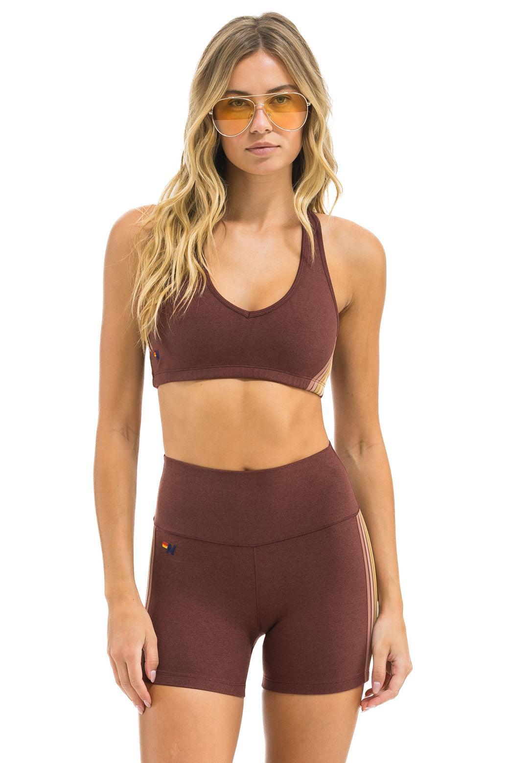 5 STRIPE 4 INCH HI-RISE BIKER SHORT - MOCHA Female Product Image