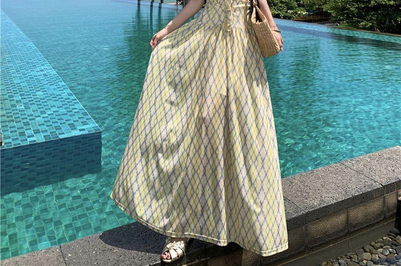 Spaghetti Strap Geometric Print Ruffle Maxi A-Line Dress Product Image