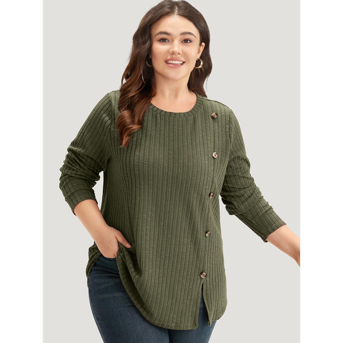 Plus Size Rib Knit Button Detail Split Side T-shirt ArmyGreen Women Casual Texture Plain Round Neck Dailywear T-shirts BloomChic 30/6X Product Image