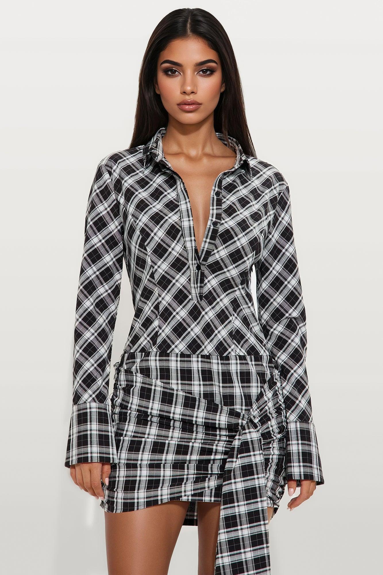 Haisley Plaid Mini Shirt Dress - Black/combo Product Image