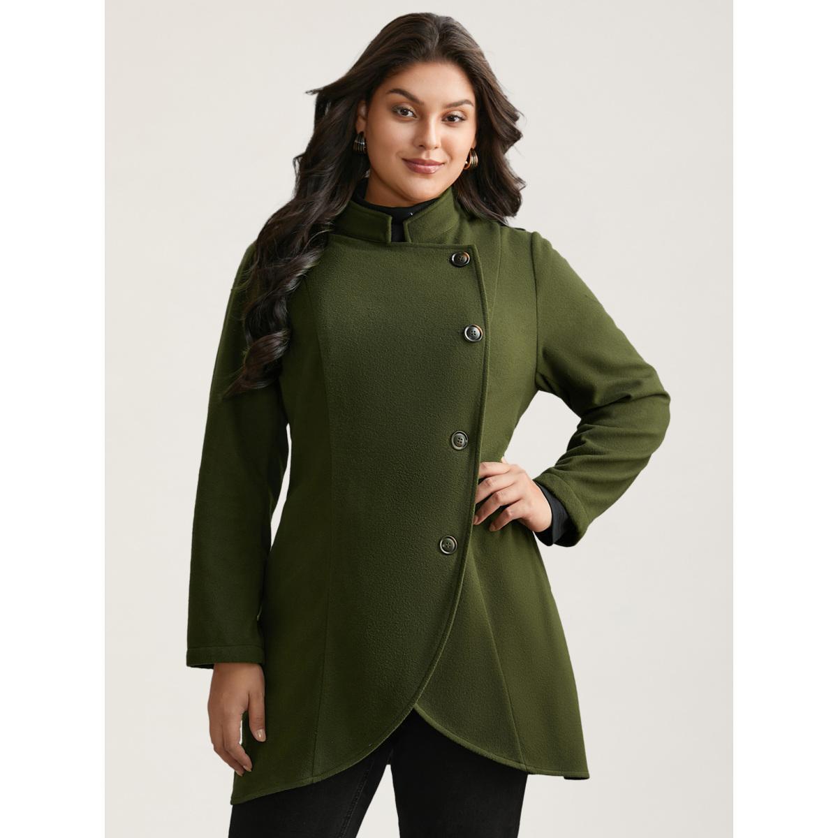 Plus Size Solid Wrap Button Up Asymmetrical Hem Coat Women ArmyGreen Elegant Button Ladies Everyday Winter Coats BloomChic 26/4X Product Image