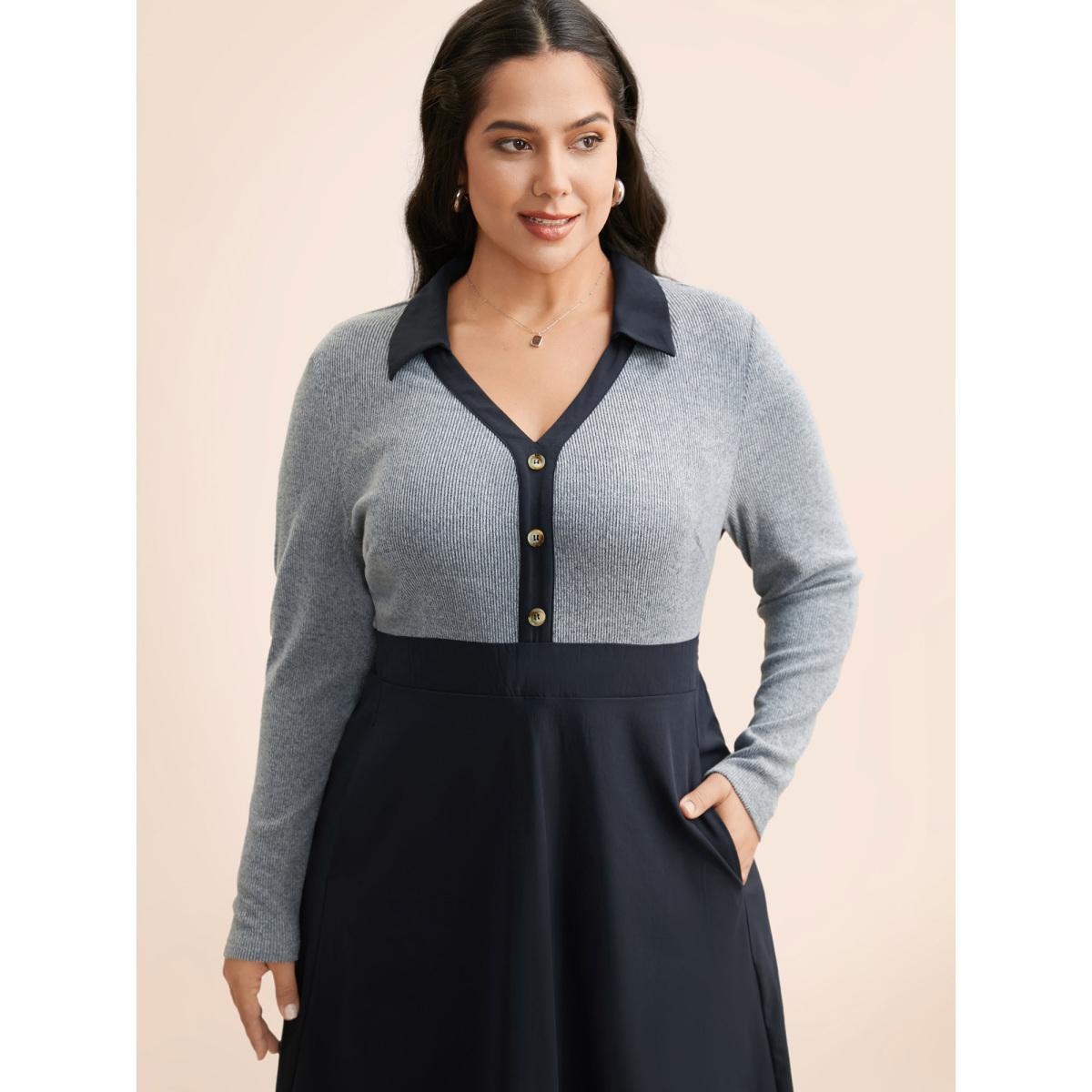 Plus Size Contrast Shirt Collar Button Detail Dress Indigo Women Elegant Contrast Shirt collar Extra Long Sleeve Curvy BloomChic 10/M Product Image