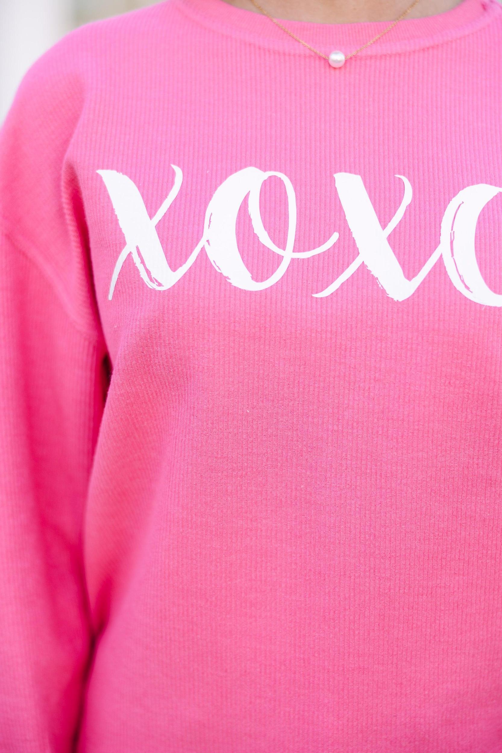 Hugs and Kisses Fuchsia Pink Graphic Corded Sweatshirt Female Product Image