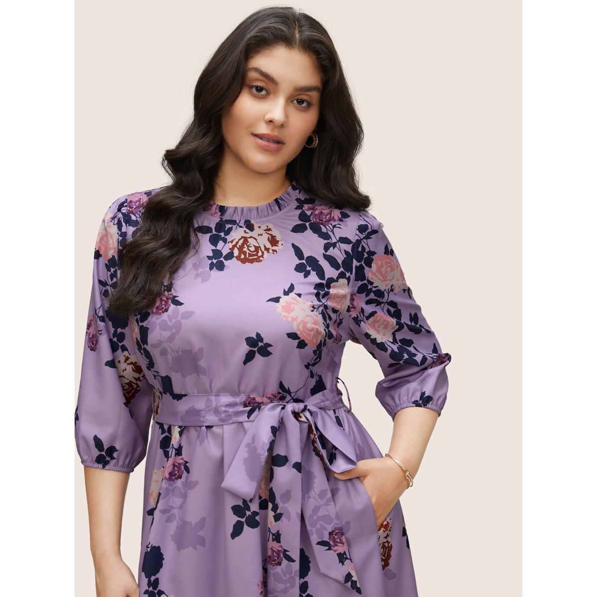 Plus Size Floral Print Belted Pocket Frill Trim Dress Lilac Women Elegant Non Round Neck Elbow-length sleeve Curvy Knee Dress BloomChic 12/L Product Image