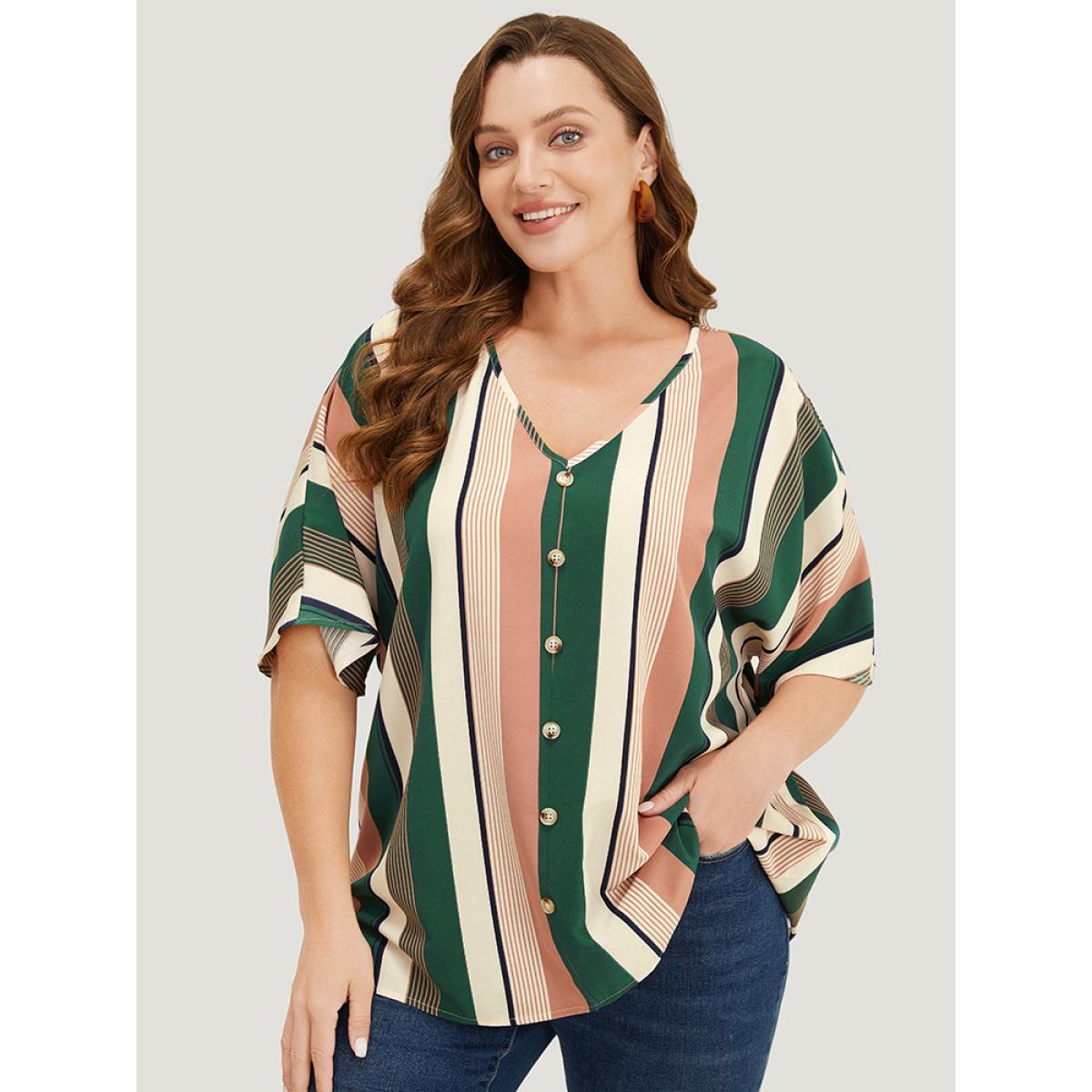 Plus Size Multicolor Striped Print Button Detail Batwing Sleeve Blouse Women Vacation Half Sleeve V-neck Dailywear Blouses BloomChic 26/4X Product Image
