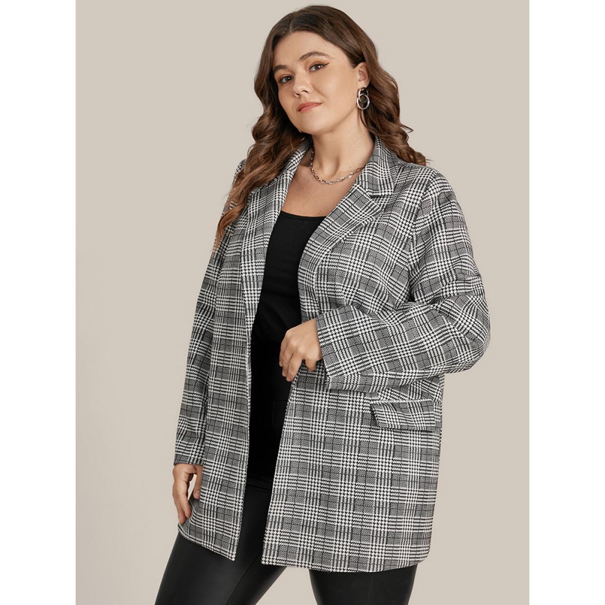 Plus Size Houndstooth Flap Pocket Open Front Coat Women Black Office Ladies Work Winter Coats BloomChic 10/M Product Image