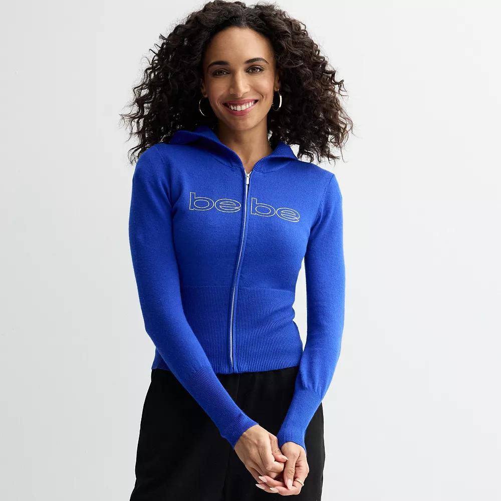 Women's bebe Embellished Full-Zip Hooded Sweater, Size: Large, Blue Product Image