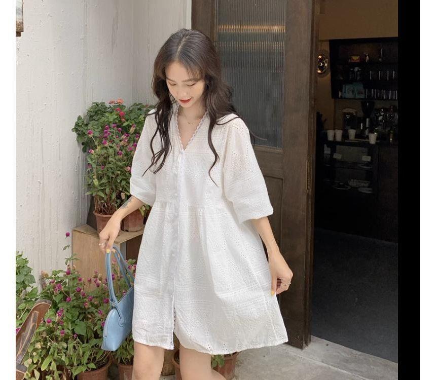Elbow-Sleeve V-Neck Plain Eyelet Lace Button-Up Oversized Mini Dress Product Image