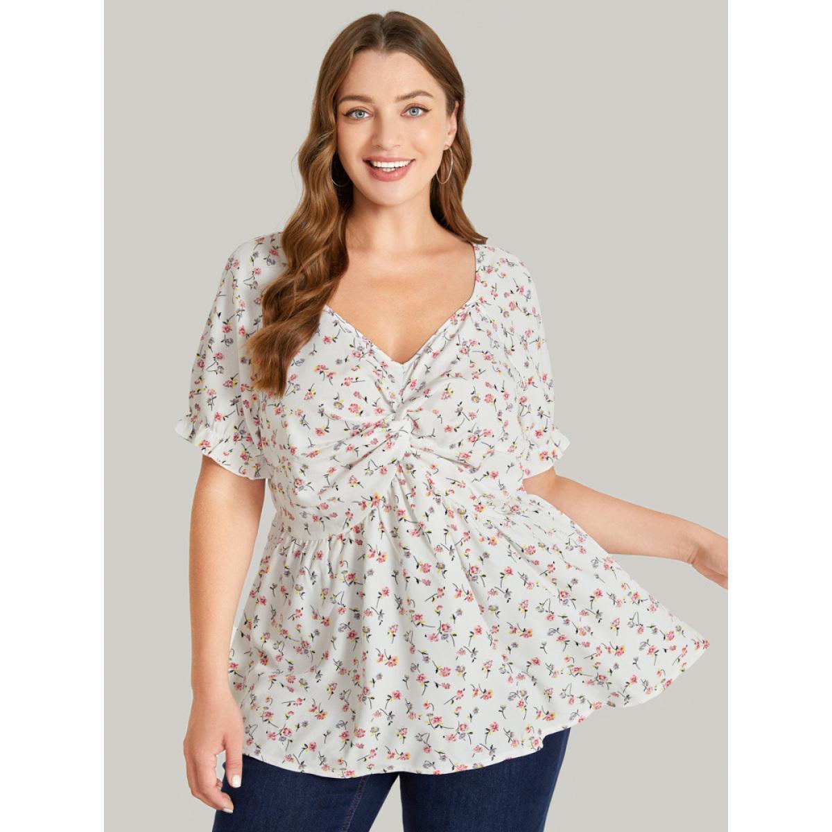 Plus Size White Ditsy Floral Twist Front Puff Sleeve Blouse Women Elegant Short sleeve V-neck Dailywear Blouses BloomChic 10/M Product Image