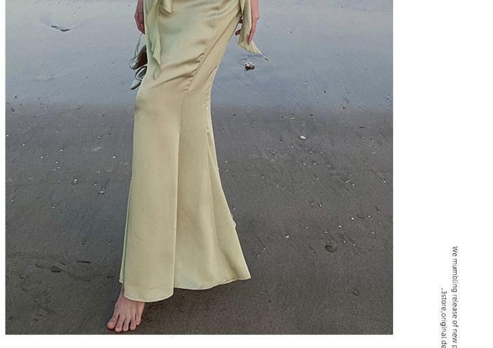 Spaghetti Strap Plain Open Back Ruffle Trim Slit Maxi Mermaid Dress Product Image