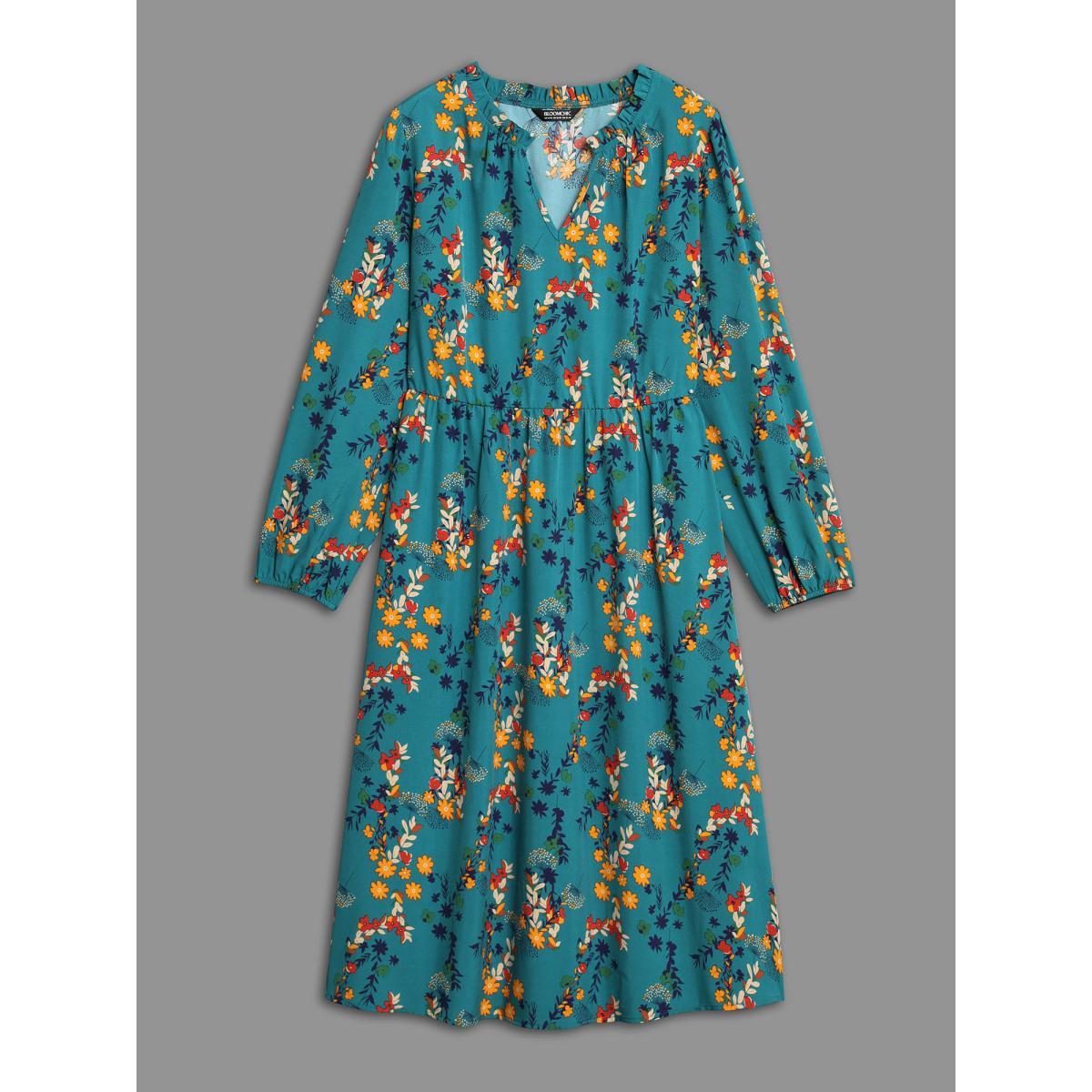 Plus Size Floral Print Ruffled Notched Collar Midi Dress Aegean Women Elegant Gathered Notched collar Long Sleeve Curvy BloomChic 12/L Product Image