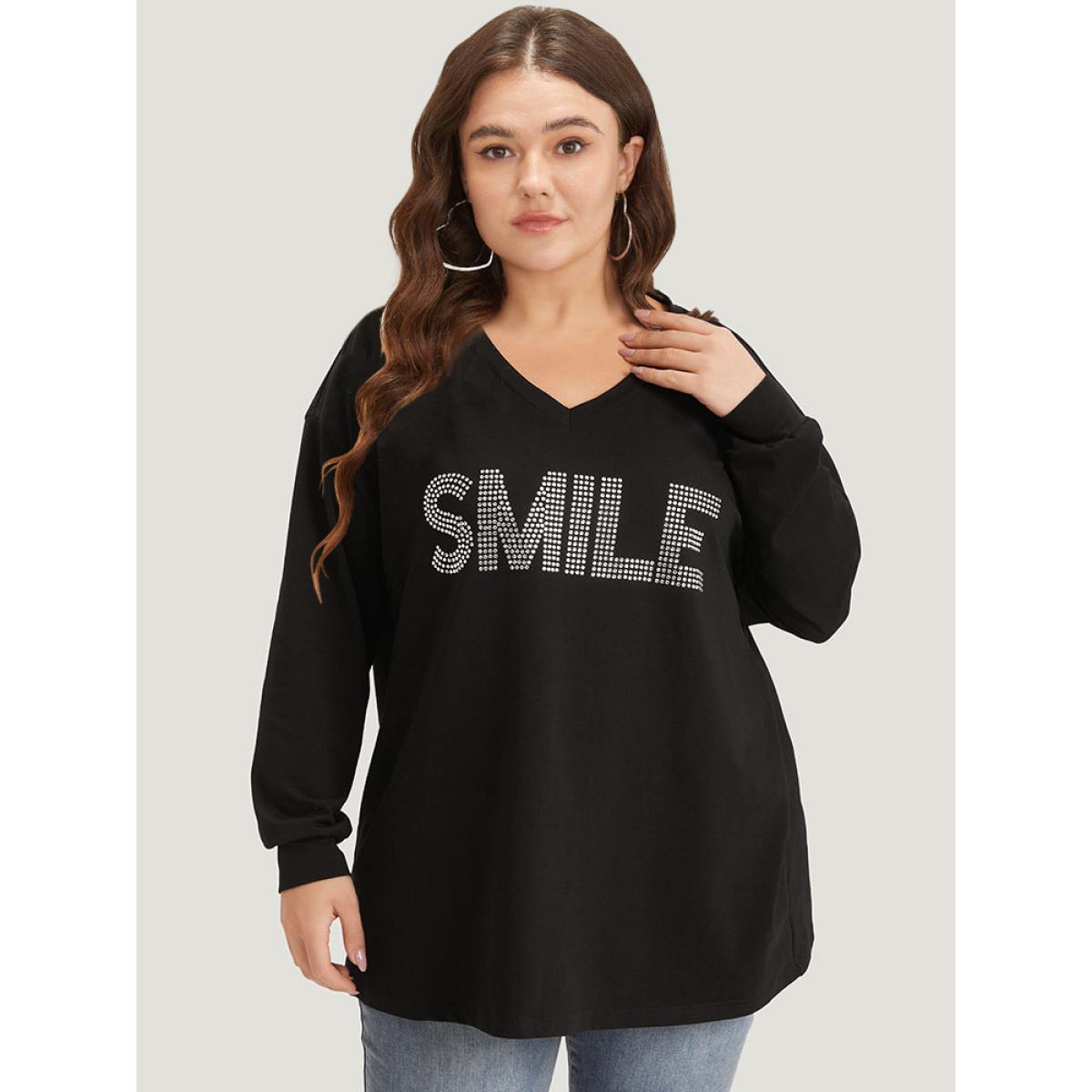 Plus Size Letter Print Rhinestone V Neck Elastic cuffs Sweatshirt Women Black Elegant Elastic cuffs Dailywear Sweatshirts BloomChic 18-20/2X Product Image