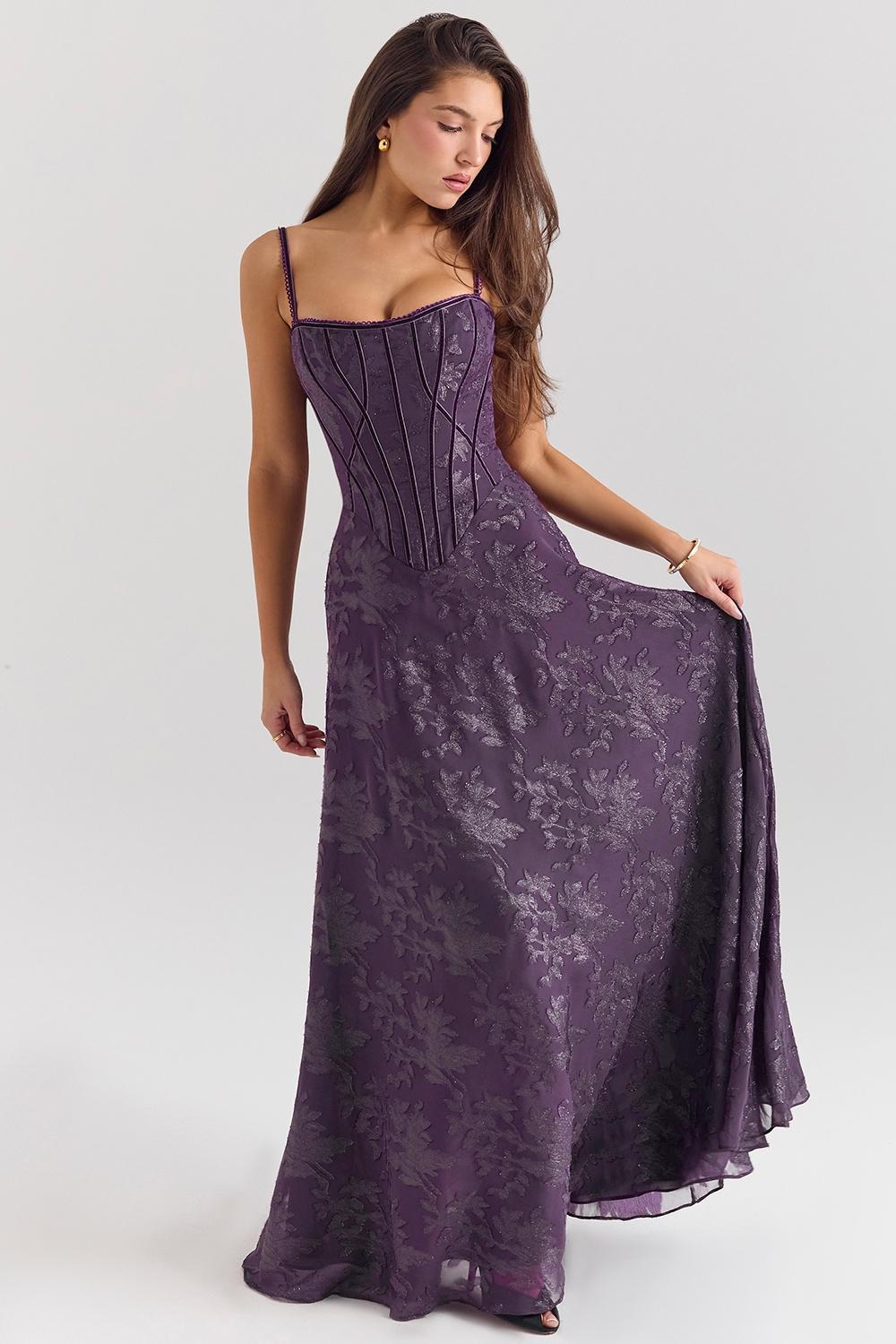 Esme Grape Lurex Chiffon Maxi Dress Product Image