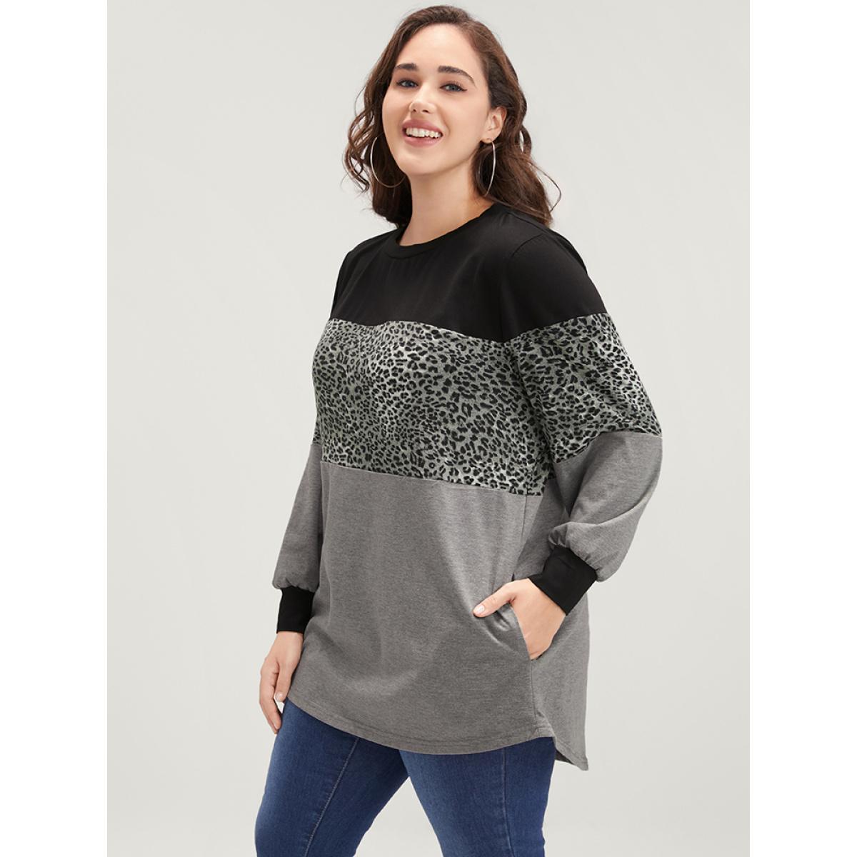 Plus Size Leopard Contrast Drop Shoulder Sweatshirt Women DimGray Casual Patchwork Round Neck Dailywear Sweatshirts BloomChic 12/L Product Image