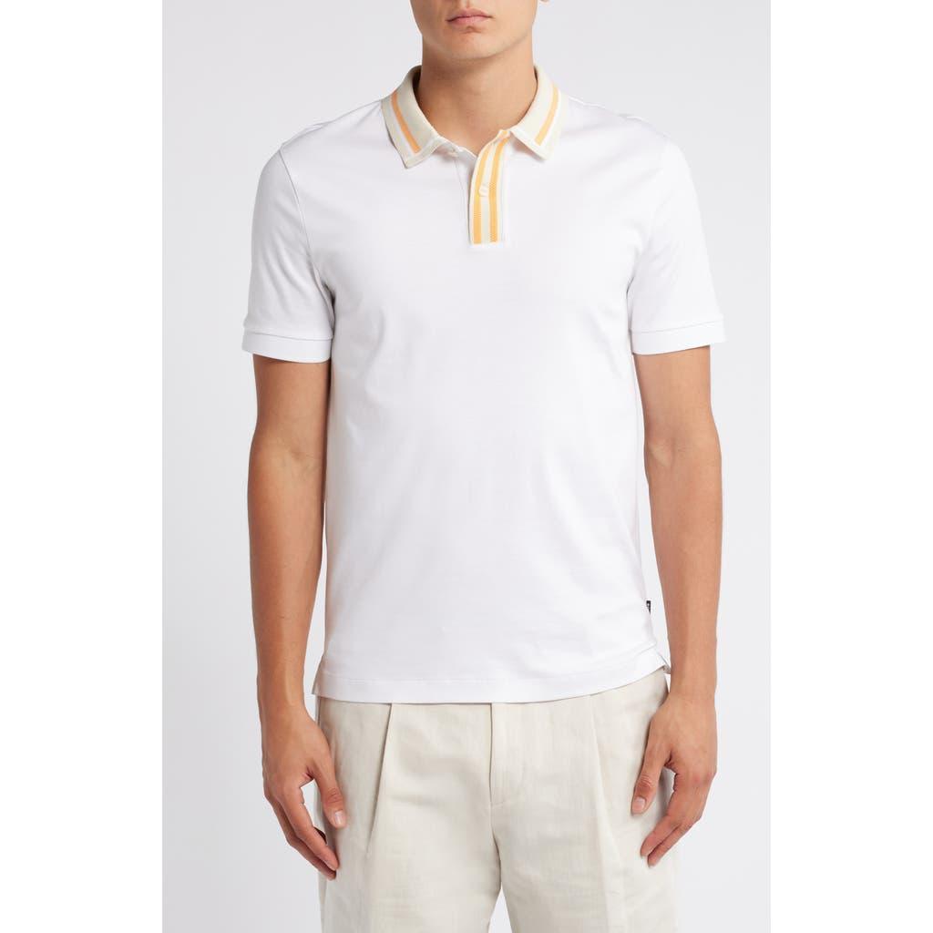 HUGO BOSS Mercerised-cotton Slim-fit Polo Shirt With Contrast Stripes In White Product Image