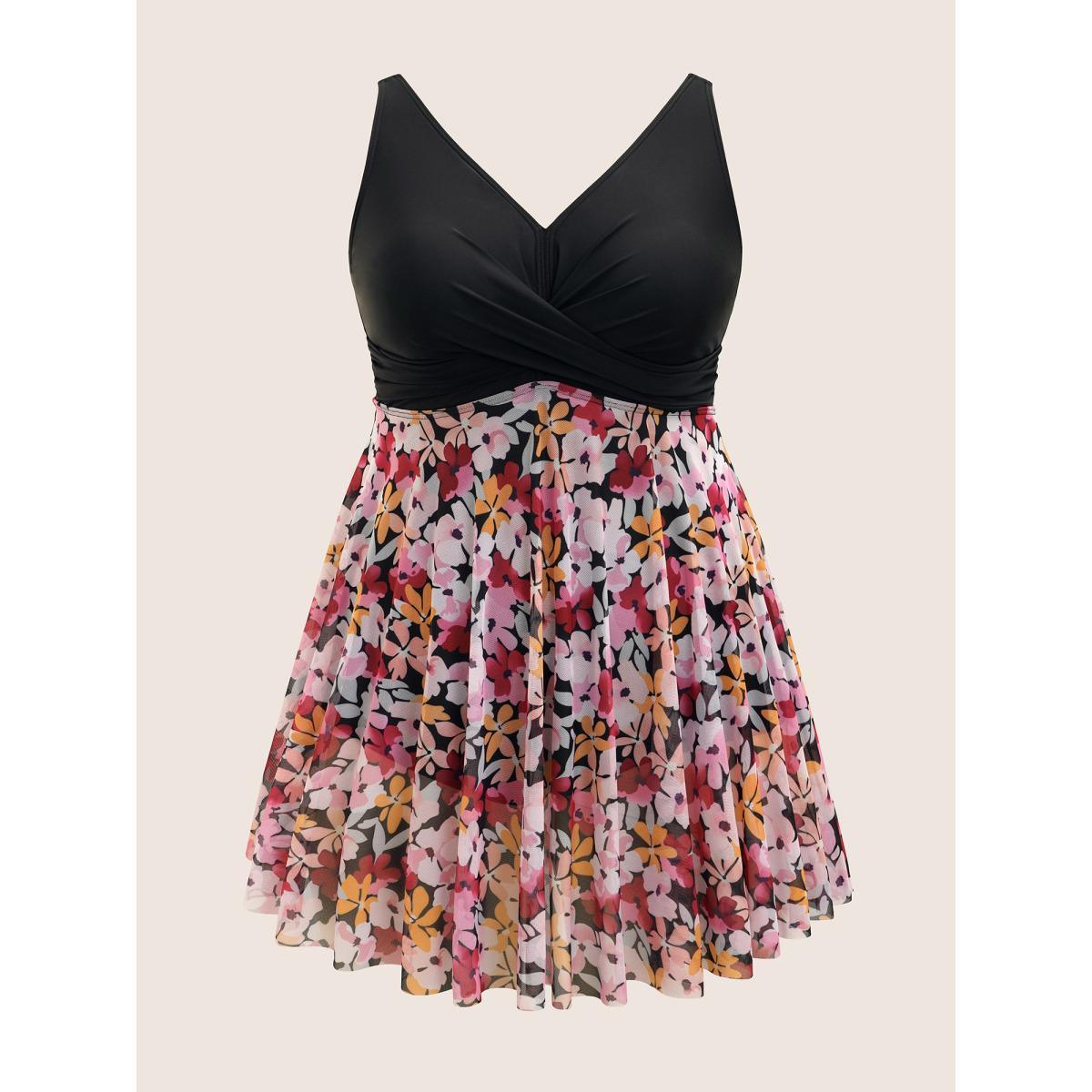 Plus Size Floral Patchwork Mesh Crossover Swim Dress Women's Swimwear Black Beach Bodycon V-neck High stretch Curve Swim Dresses BloomChic 10/M Product Image