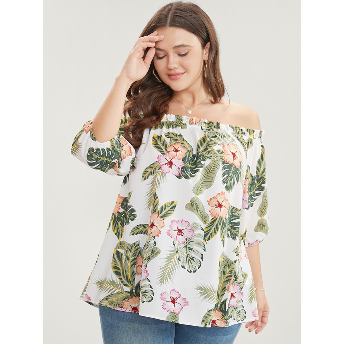 Plus Size White Tropical Print Off Shoulder Lantern Sleeve Blouse Women Vacation Short sleeve One-shoulder neck Dailywear Blouses BloomChic 10/M Product Image