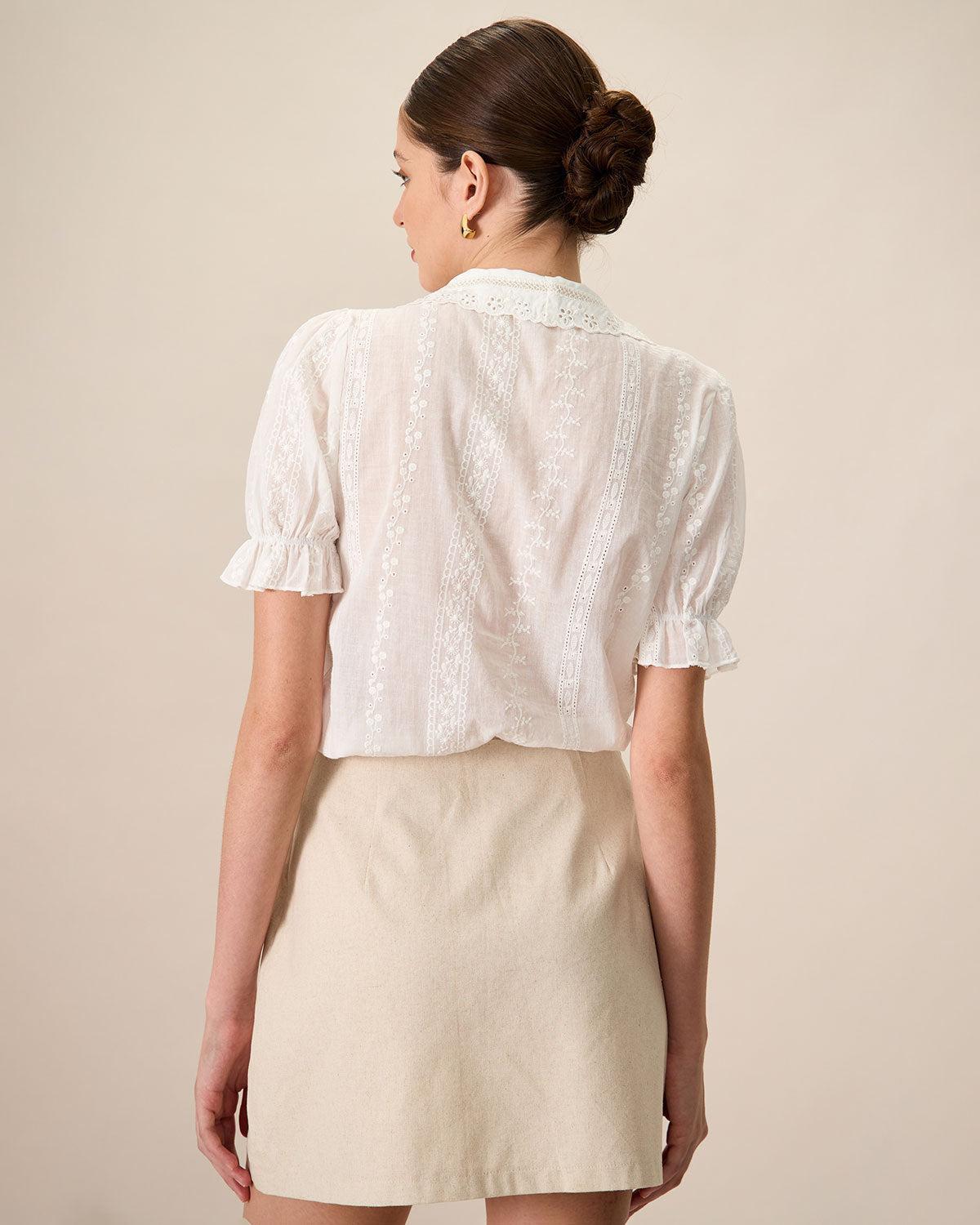 Women's White Collared Lace Embroidery Cotton Blouse Female Product Image