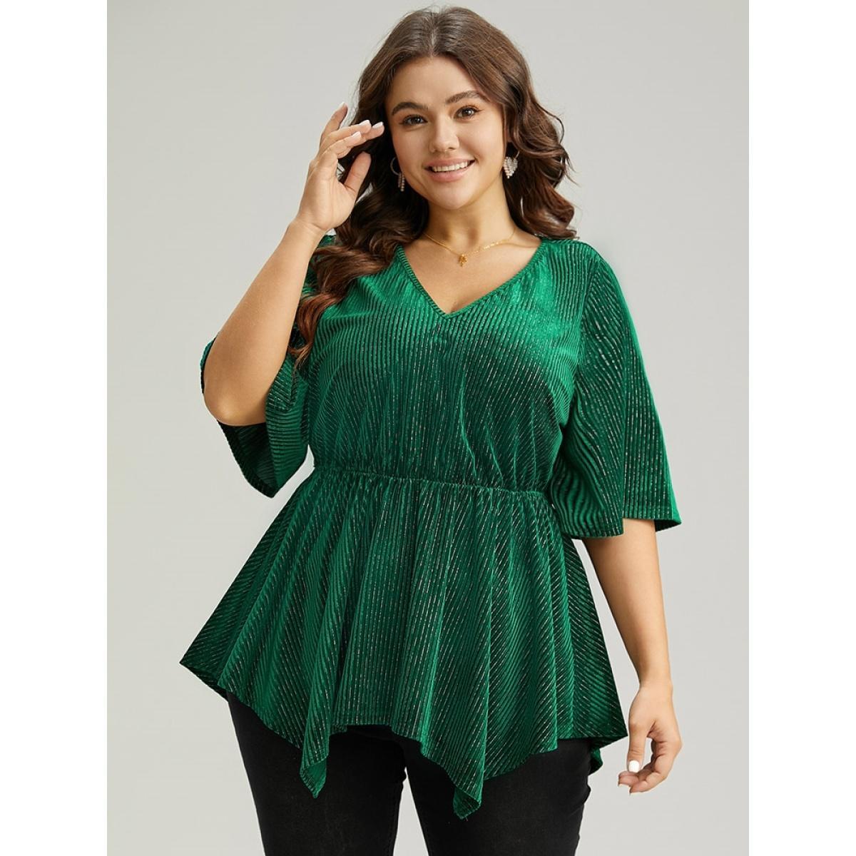 Plus Size DarkGreen Velvet Elastic Waist Ruffle Sleeve Hanky Hem Blouse Women Glamour Short sleeve V-neck Festival-Christmas Blouses BloomChic 10/M Product Image