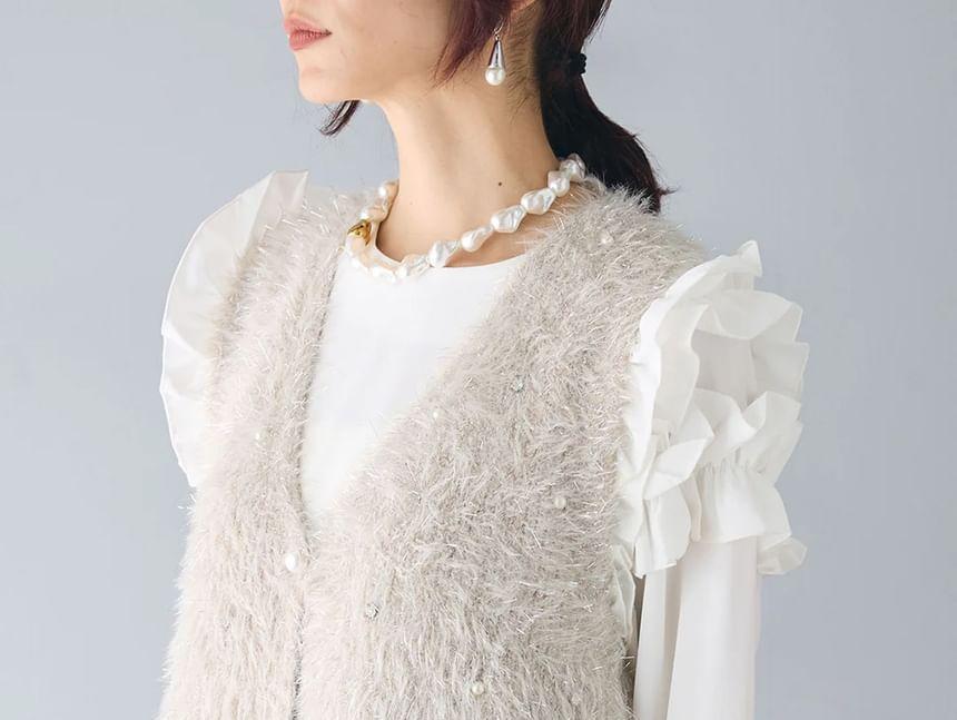 Fluffy Pearl Button V-Neck Sleeveless Vest Product Image