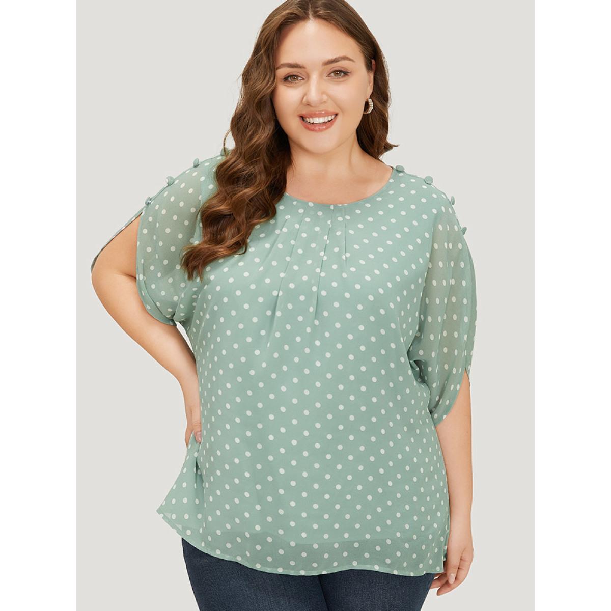 Plus Size Mint Polka Dot Pleated Button Detail Split Sleeve Blouse Women Elegant Half Sleeve Round Neck Dailywear Blouses BloomChic 28/5X Product Image