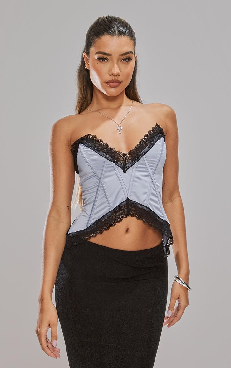 Blue Grey Silk Lace Trim Pointed Hem Boned Bandeau Product Image