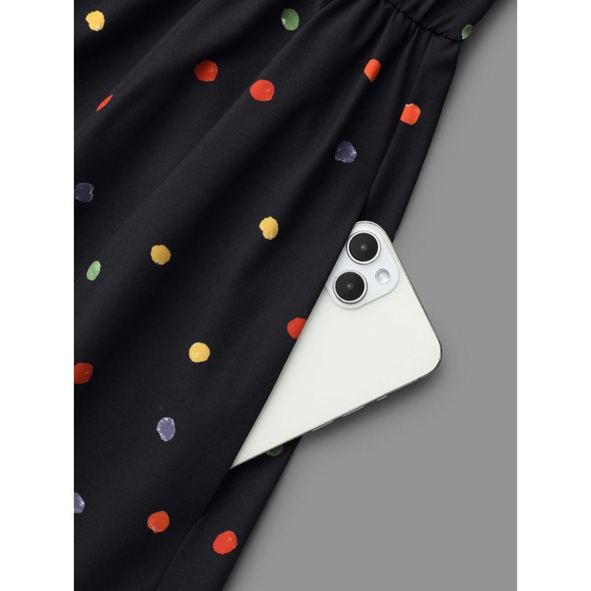 Plus Size Shirt Collar Colored Polka Dot Dress Black Women Elegant Button Shirt collar Long Sleeve Curvy BloomChic 12/L Product Image