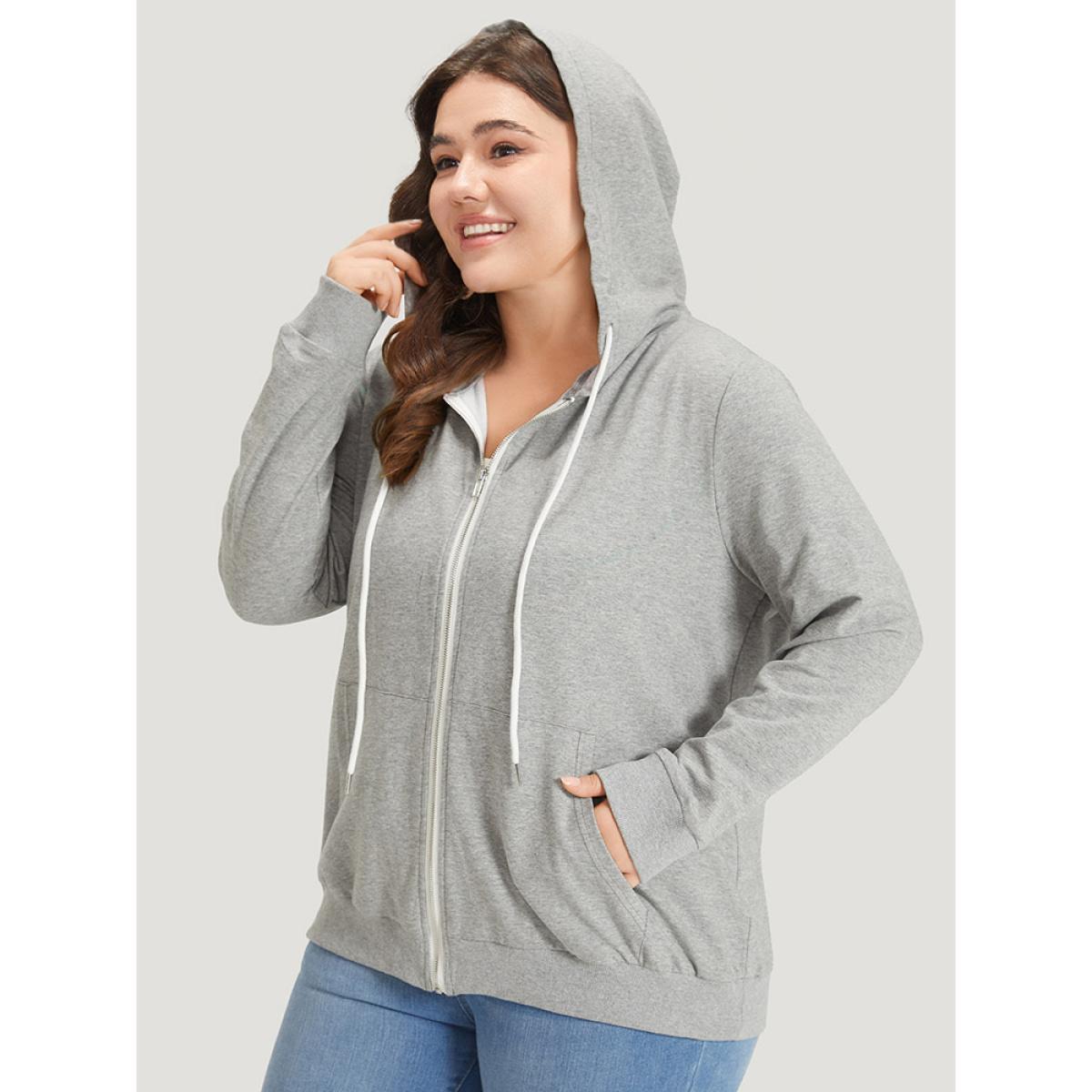 Plus Size Hooded Zipper Fly Ties Pocket Sweatshirt Women Gray Casual Elastic cuffs Hooded Dailywear Sweatshirts BloomChic 26/4X Product Image