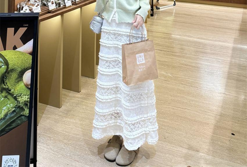 Round Neck Two Tone Bow Cardigan / Spaghetti Strap Contrast Trim Tiered Panel Lace Maxi A-Line Dress Product Image