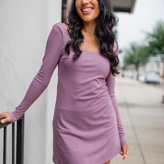 On The Rise Mauve Long Sleeve Open Back Active Dress FINAL SALE Product Image