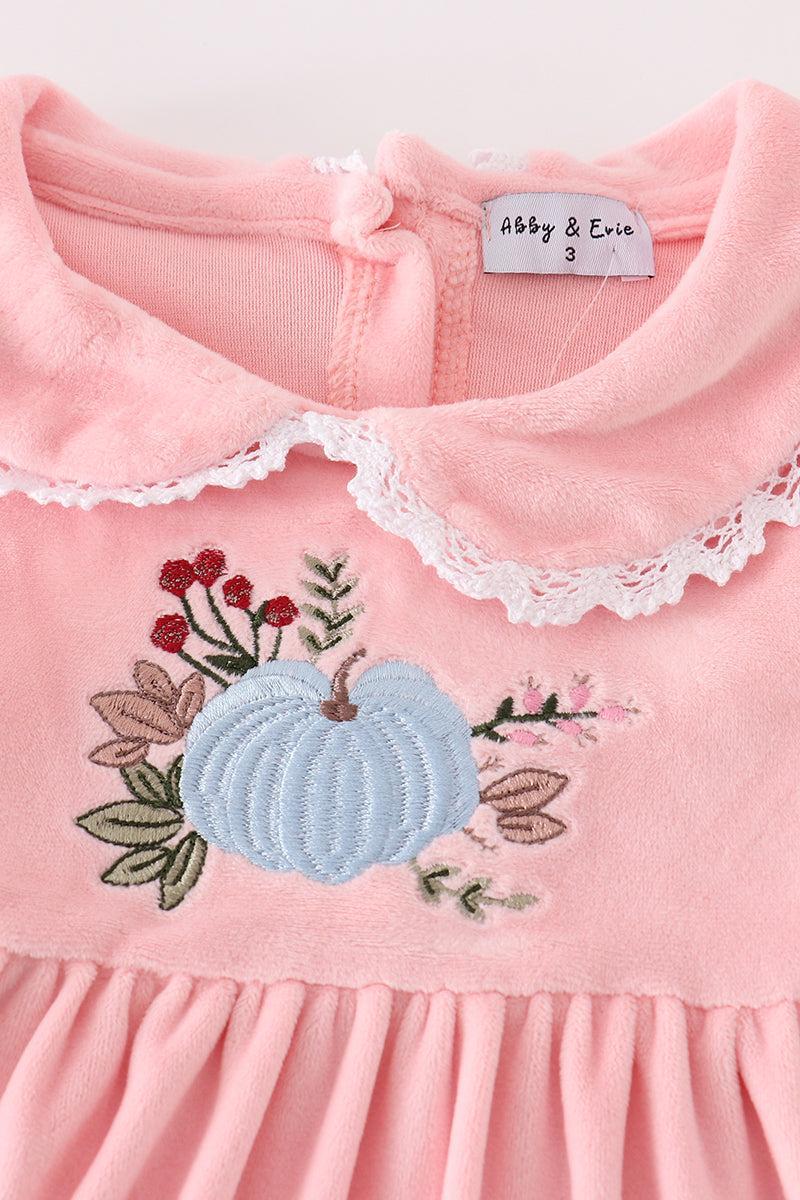 Pink velvet pumpkin embroidery dress Product Image