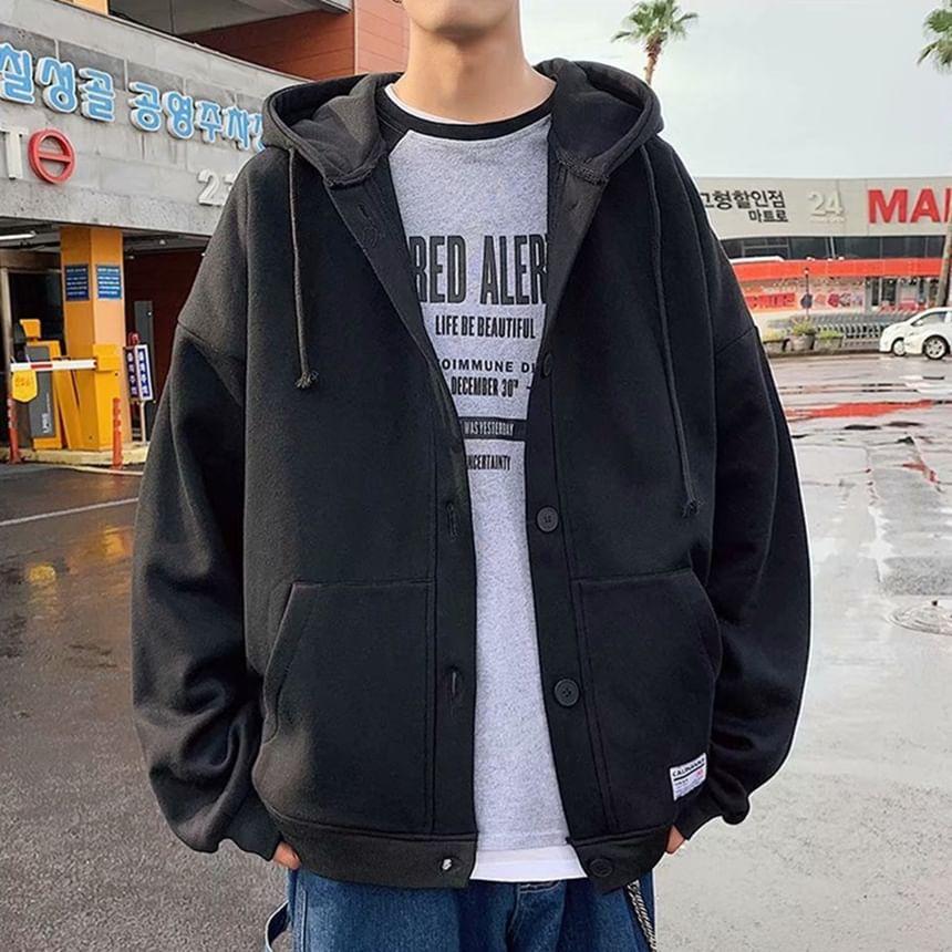 Lettering Applique Drawstring Fleece-Lined Button Hoodie Product Image