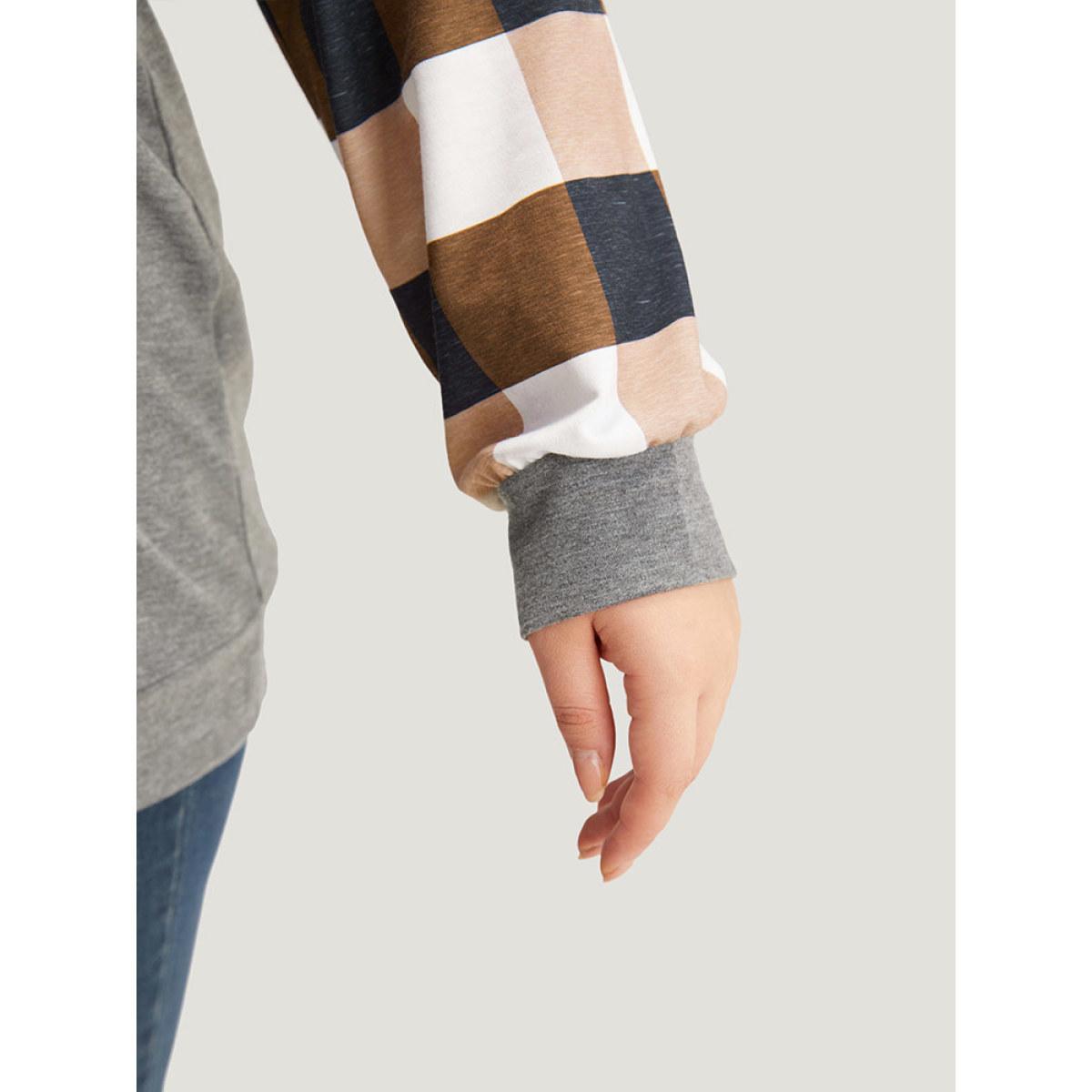 Plus Size Colorblock Contrast Pocket Stitch Sweatshirt Women Gray Casual Elastic cuffs Round Neck Dailywear Sweatshirts BloomChic 10/M Product Image