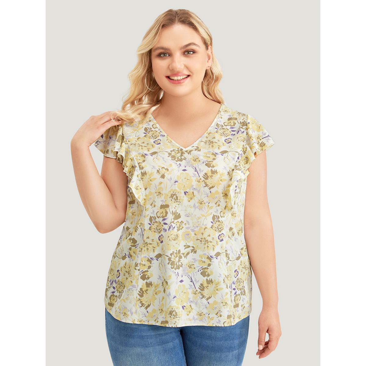 Plus Size White Floral Print V Neck Ruffle Trim Cap Sleeve Blouse Women Elegant Cap Sleeve V-neck Dailywear Blouses BloomChic 30/6X Product Image