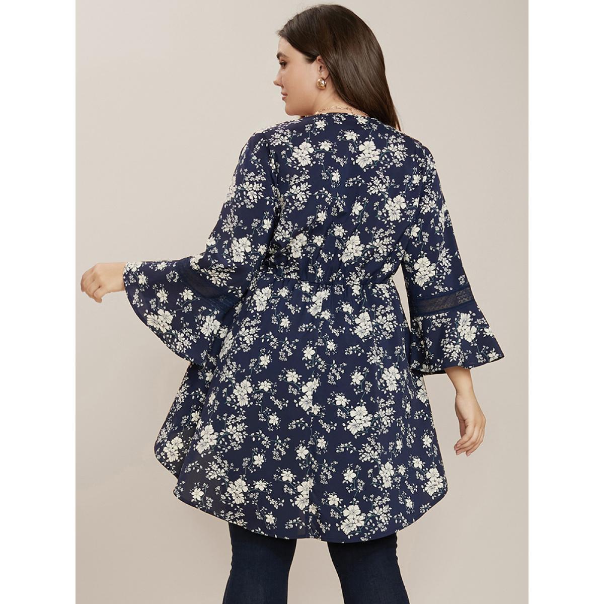 Plus Size Indigo Floral Bell Sleeve Button Through High Low Hem Blouse Women Elegant Elbow-length sleeve V-neck Dailywear Blouses BloomChic 26/4X Product Image