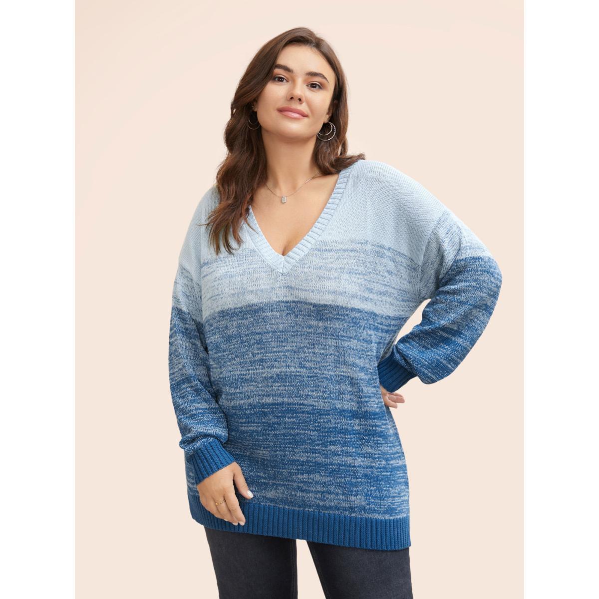 Plus Size Cotton V Neck Ombre Split Hem Pullover LightBlue Women Casual Long Sleeve V-neck Everyday Pullovers BloomChic 18-20/2X Product Image
