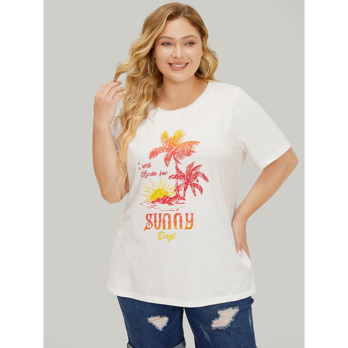 Plus Size Coconut Tree & Letter Print Drop Shoulder T-shirt White Women Casual Tropical Dailywear T-shirts BloomChic 22-24/3X Product Image