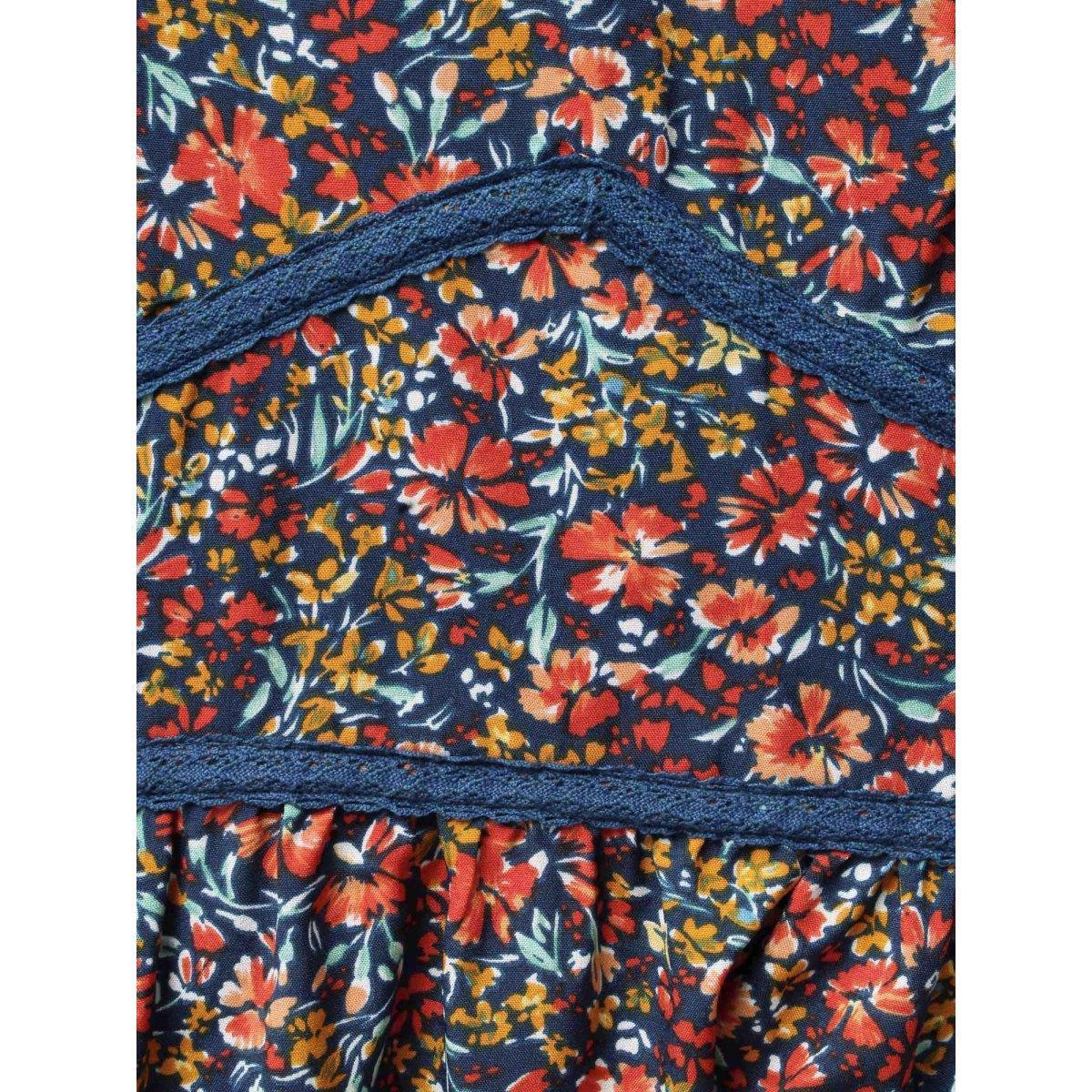 Plus Size Ditsy Floral Woven Ribbon Maxi Dress Navy Women Elegant Woven ribbon&lace trim Heart neckline Elbow-length sleeve Curvy BloomChic 28/5X Product Image