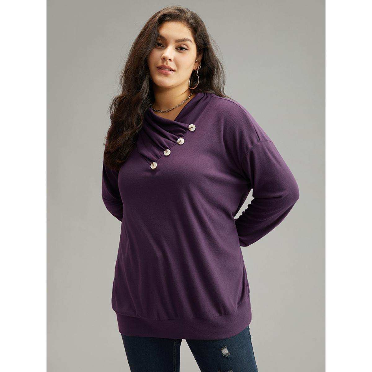 Plus Size Plain Cowl Neck Button Detail Sweatshirt Women Eggplant Casual Plain Overlap Collar Dailywear Sweatshirts BloomChic 28/5X Product Image