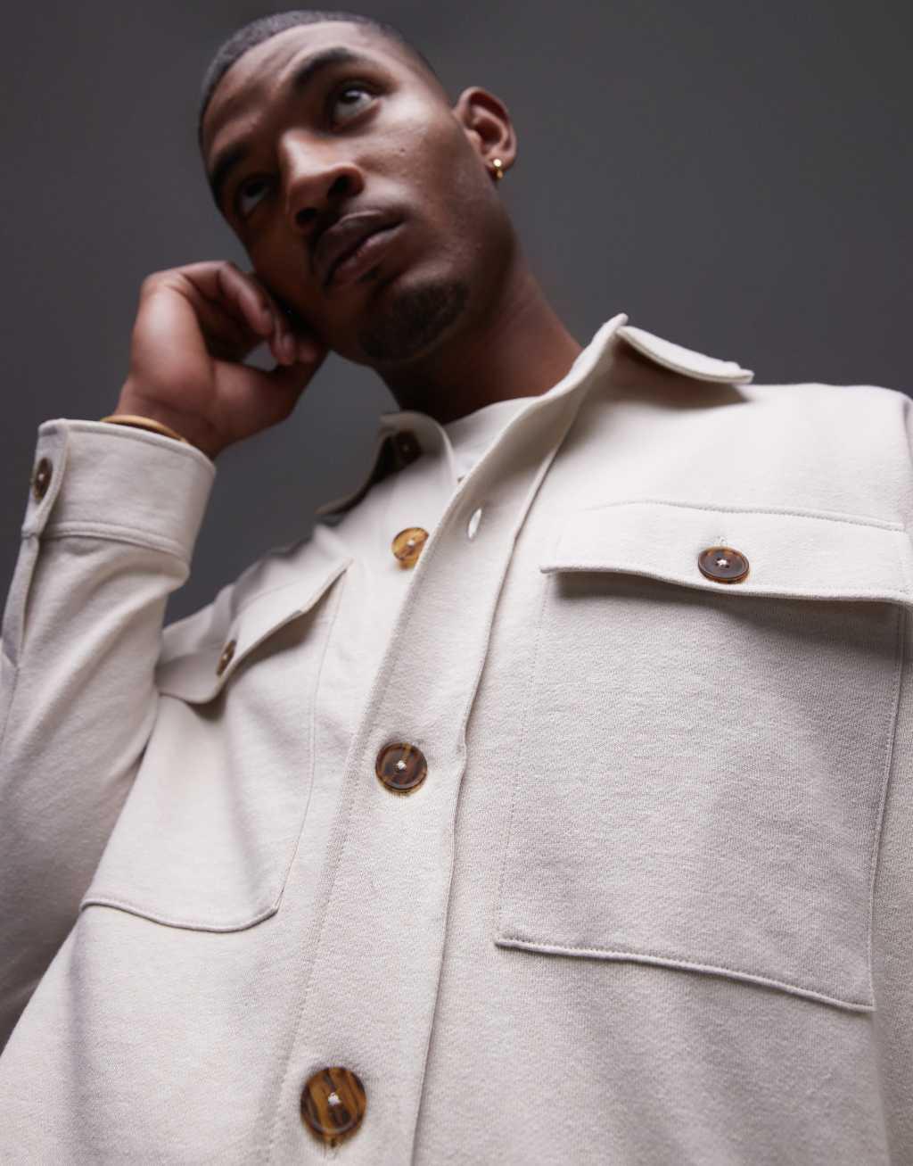 Topman oversized fit linen blend button up shacket in ecru Product Image