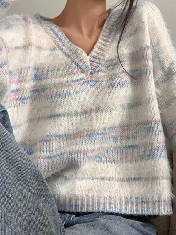 Colorful Striped V Neck Short Knit Sweater Product Image