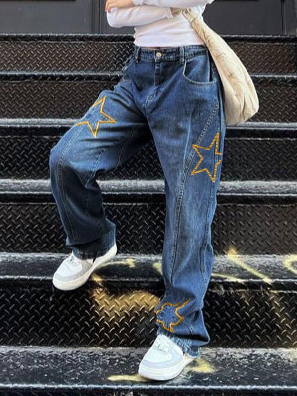 Star Embroidery Splice Boyfriend Jeans Product Image
