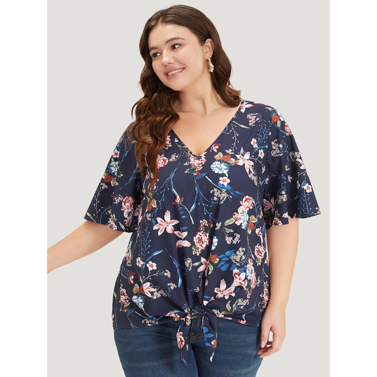 Plus Size Indigo Floral Print V Neck Ruffle Sleeve Twist Hem Blouse Women Elegant Half Sleeve V-neck Dailywear Blouses BloomChic 10/M Product Image
