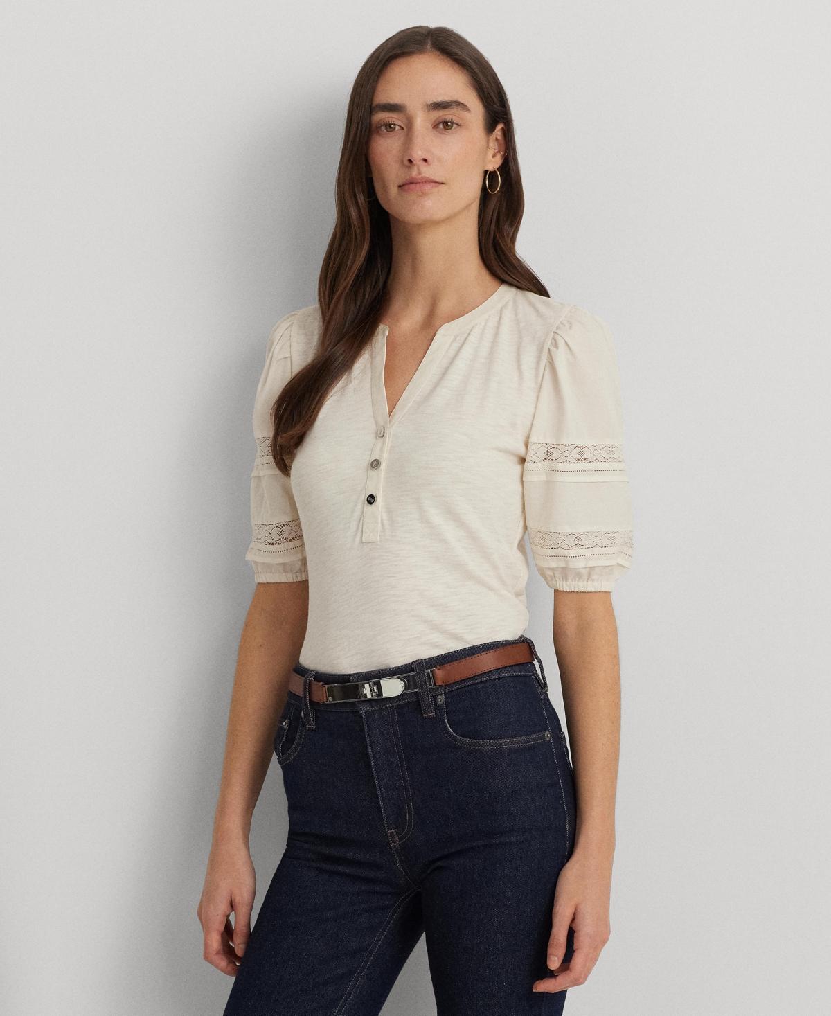 Lauren Ralph Lauren Lace-Trim Jersey Puff-Sleeve Henley Tee (Mascarpone Cream) Women's Sweater Product Image