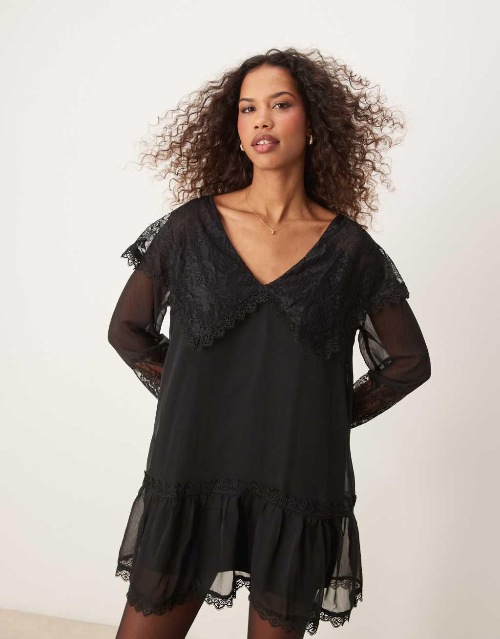 Miss Selfridge lace collar smock mini dress in black Product Image