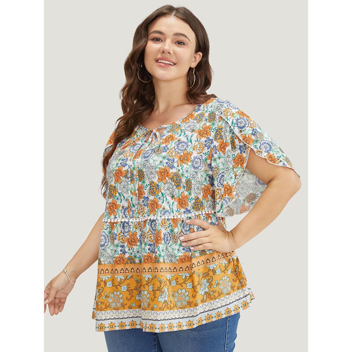 Plus Size Gold Bandana Print Petal Sleeve Tie Neck Pompom Trim Blouse Women Vacation Short sleeve Tie Neck Dailywear Blouses BloomChic 22-24/3X Product Image