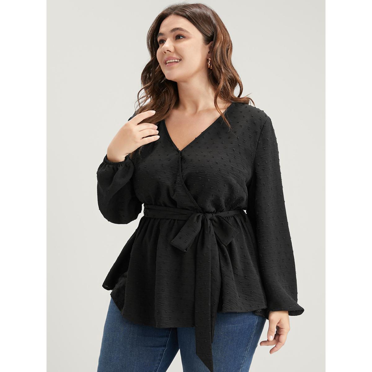Plus Size Black Polka Dot Wrap Belted Ruffles Blouse Women Elegant Long Sleeve V-neck Dailywear Blouses BloomChic 26/4X Product Image